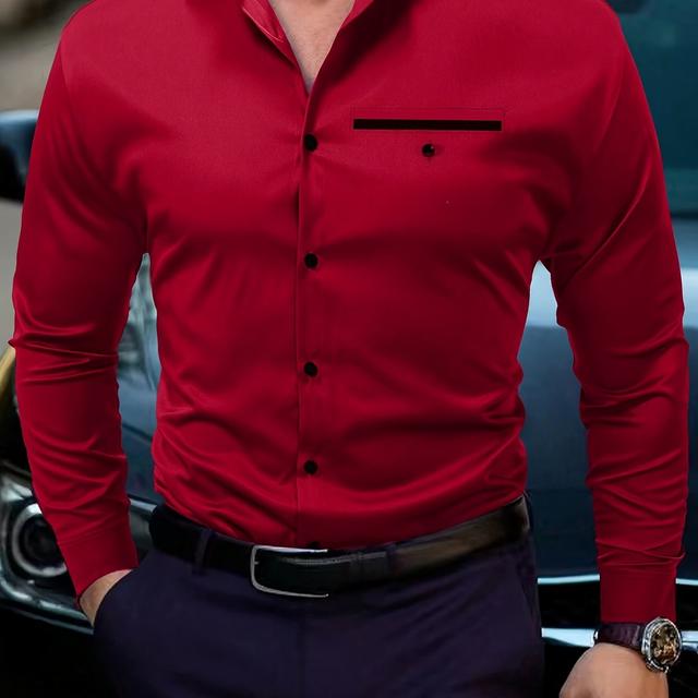 TEMU Sleek Red Long Sleeve Dress Shirt For Men - Fashionable Polyester, No-fold Design With Chest Pocket, Machine Washable, Wear