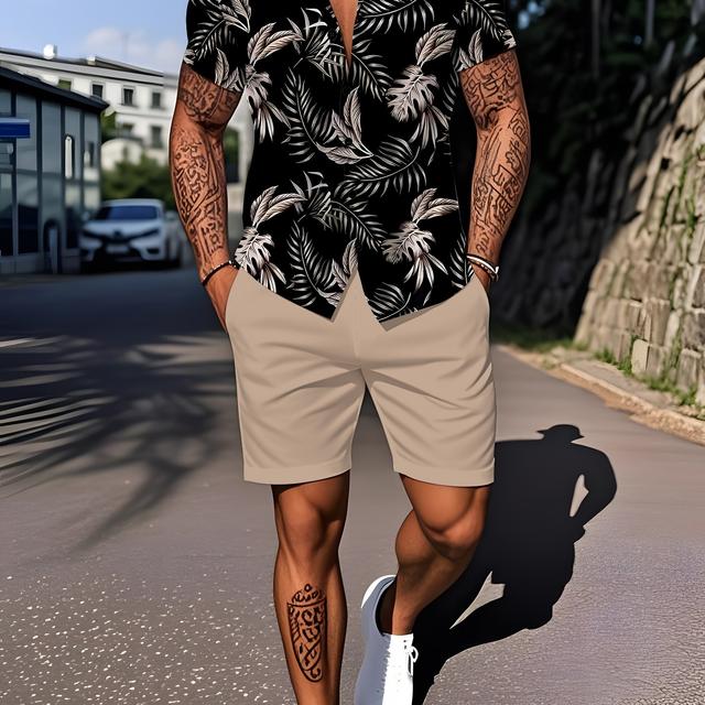 TEMU Conjunto casual para hombre: Camisa negra minimalista con estampado tropical y pantalones caqui, estilo deportivo holgado para vacaciones, playa, cuello , manga corta y pantalones cortos