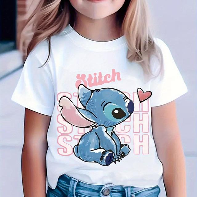 TEMU New Stitch Print T-shirt For Kids, Short Sleeve Casual Round Neck Top For Boys And Girls, Spring/summer Clothing