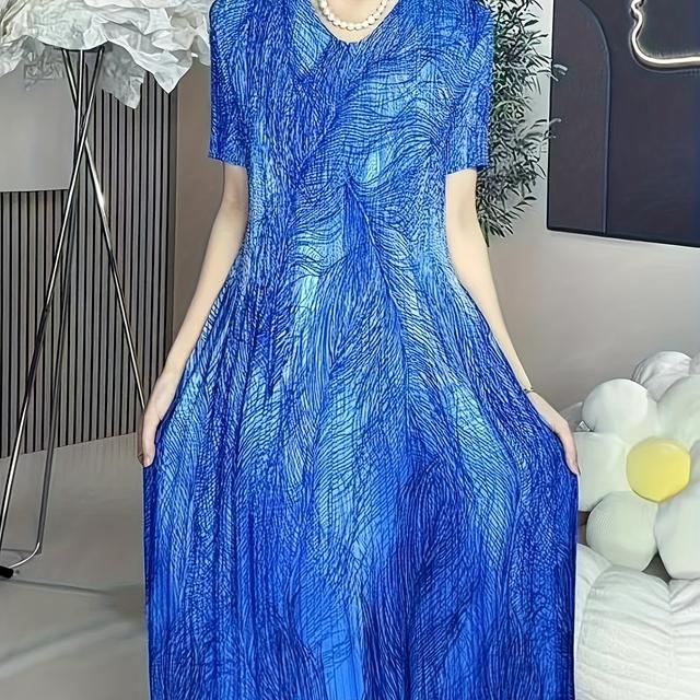 TEMU Plus Size - Elegant Blue Floral Print Pleated Midi Dress For Women - V-neck, Short Sleeve, Stretchy & Form-fitting, Summer , Floral Print Dress