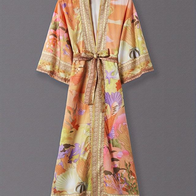 TEMU Yukata Street Casual Elegant Retro Japanese Mermaid Print Vacation Mid-length Belted Thin Bathrobe Cape Dress For Spring And Summer