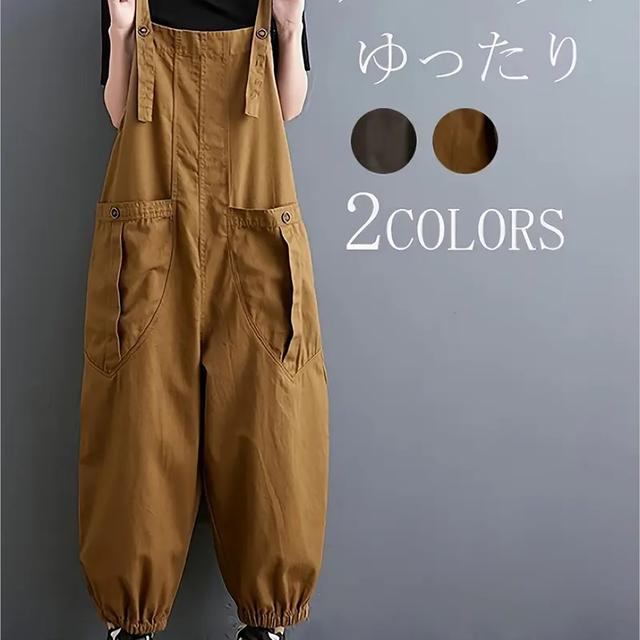 TEMU レディースカジュアルルーズフィットサスペンダースーツ - ウィドレッグカーゴパンツ、大きなポケット付き、ブラウンポリエステル、春/夏/秋用、レディーススーツ