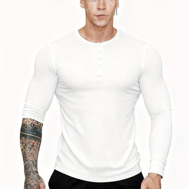 TEMU Obm Autumn/winter Stretch Ribbed Fitness Henley Slim-fit Men's Athletic Casual Button T-shirt