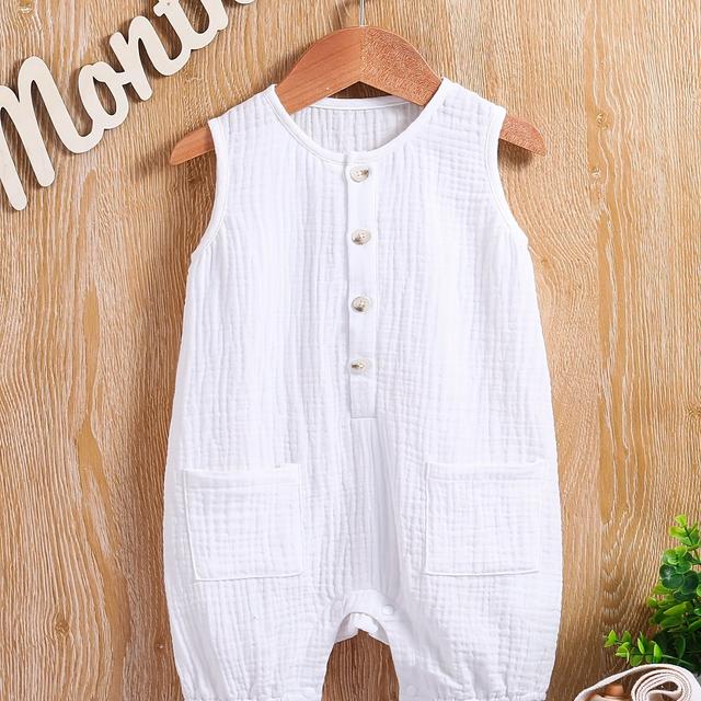 TEMU Newborn Sleeveless Jumpsuit Summer Breathable Crepe Vest Romper Front Easy To Put On And Take Double Pocket Decoration Baby Refreshing Climbing Suit -friendly Newborn Romper, For Outdoor
