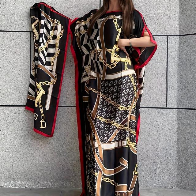 TEMU Chain Print Boat Neck Modest Dress, Elegant Batwing Sleeve Loose Maxi Dress With , Women's Clothing