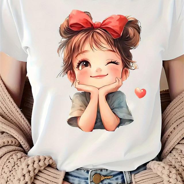 TEMU Women's Round Neck Printed T - Shirt Cute Cartoon With Pigtails Red Bow Eyes Light Gray Shirt Heart Pattern Casual Daily Wear