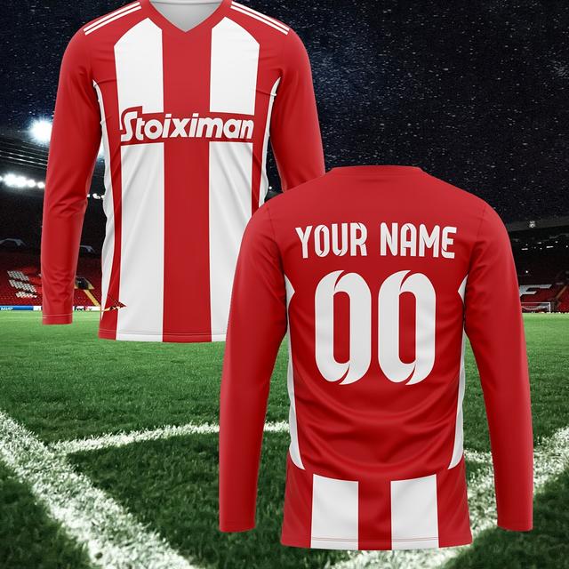 TEMU Customizable Men's Football Jersey, V-neck Long Sleeve Polyester Top With Personalized Name & Number, All-, Knit Fabric, Regular Fit For Sports, Training, Casual Wear - Spring/summer/fall