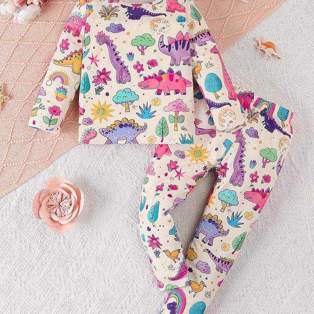 TEMU 2 Pijamas de Dinosaurios para Niñas - Conjunto de Dormir Resistente al con Estampado Completo, Ropa de Cama para Niñas (2 Piezas)