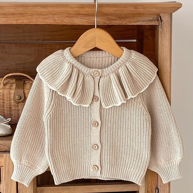 TEMU INS 0-3 Jahre Strickcardigan - Rüschenkragen Langarm, Weicher Stretchstoff, Beige Freizeit-Frühlings/Herbstoberteil, Nur Handwäsche, Übergangskleidung, Gestricktes Muster mit Rüschendesign