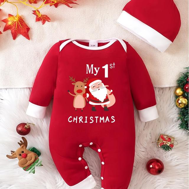 TEMU Jarní/Podzimní Dětské Body s Dlouhým Rukávem a Kloboukem s Kresleným Potiskem pro Chlapce a Dívky - Vánoční Edice, Ideální pro Venkovní Nošení