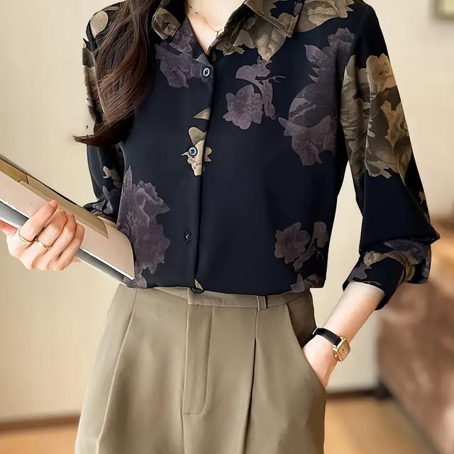 TEMU Vintage-inspired Printed Long-sleeve Loose-fit Shirt, /autumn Style