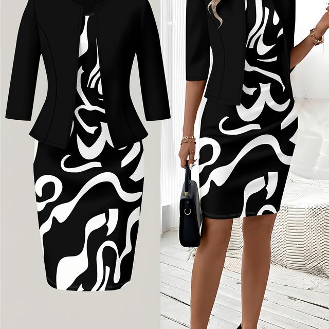 TEMU Herbst- Abstrakte - Rundhalskleid-Anzug