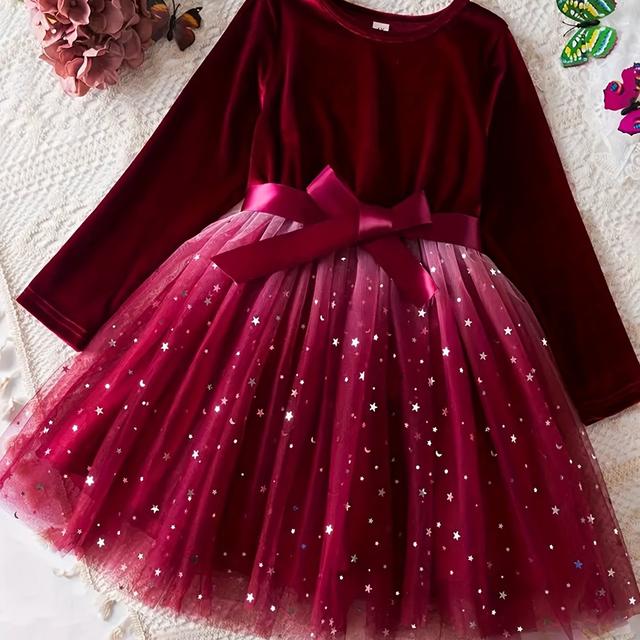 TEMU Vestido de terciopelo estrella con malla y larga elegante y moderno, adecuado para bailes y fiestas en , otoño e invierno