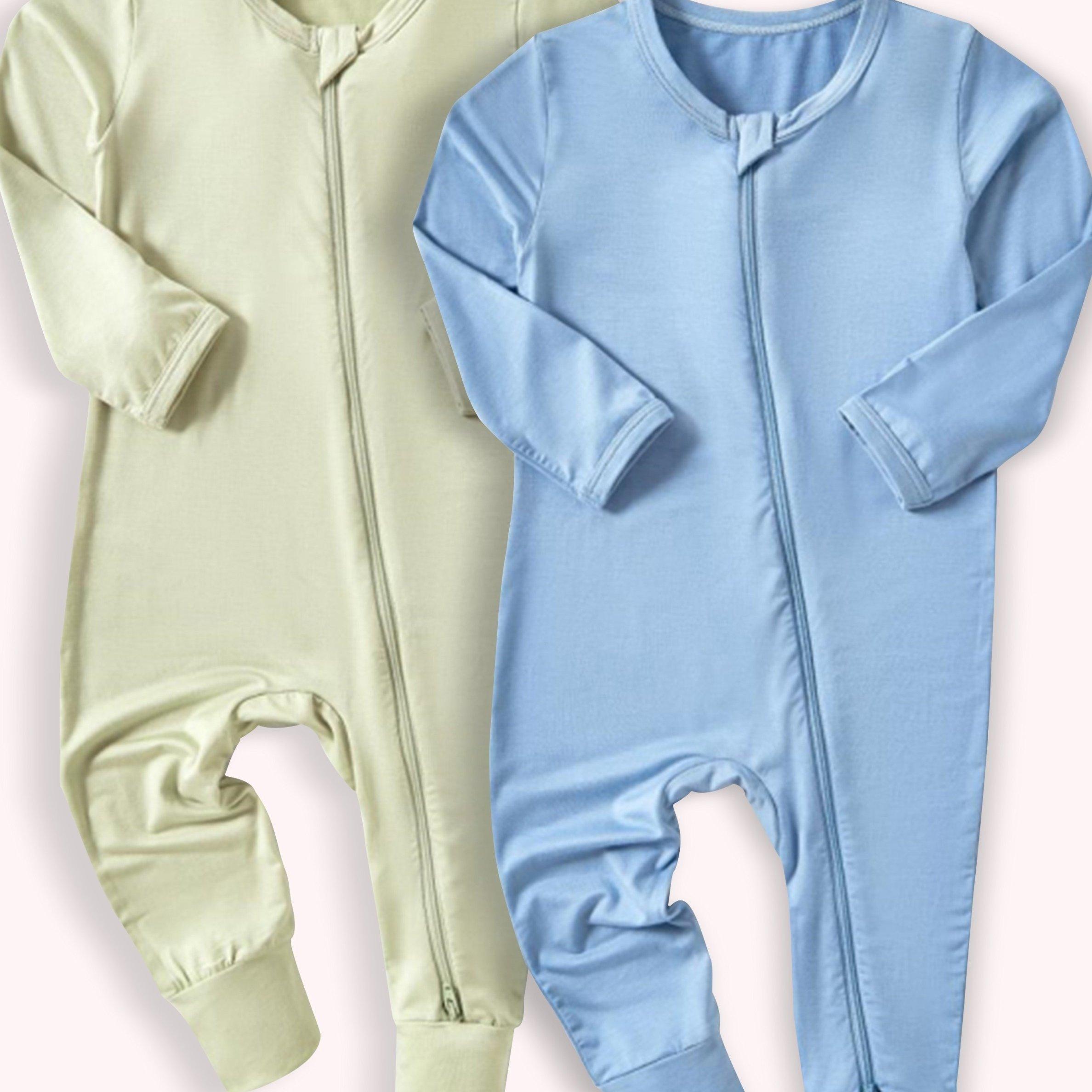 TEMU Baby Boys And Girls Solid Bamboo Fiber Zipper Jumpsuit 2pcs Set, For Outdoor