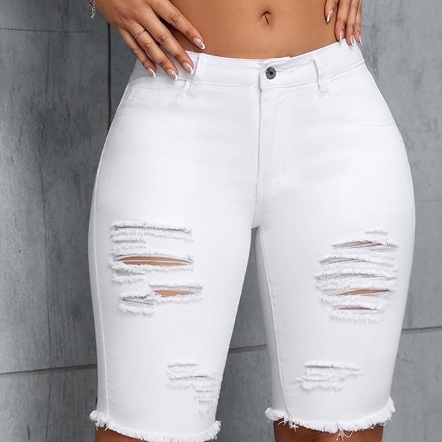 TEMU Ripped Denim Bermuda Shorts für Damen, Mid-Waist , hohe Stretchfähigkeit (98%, 2% Spandex), einfarbig, Knopfleiste, Frühling/Sommer