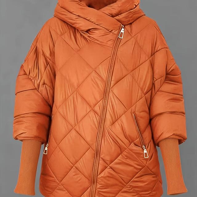 TEMU Великий розмір - Елегантний однотонний пальто з капюшоном для осені та зими, зі стильним стьобаним дизайном та кишенями на блискавці, підходить для прогулянок на вулиці взимку