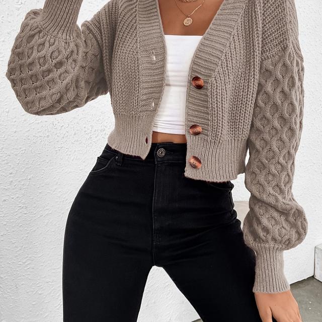 TEMU Beige Damen-Strickjacke mit Kabelstich, tiefem V-Ausschnitt, langen Ärmeln und Knopfleiste, bequemer Winterpullover für lässige oder stilvolle Outfits