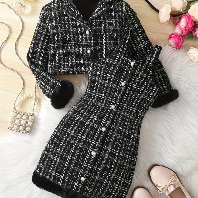 TEMU A Set Of 2 Pieces For Girls Featuring A Classy Pearl-button Coat And A Fitted Camisole Dress, Perfect For Autumn And Winter, For Outdoor