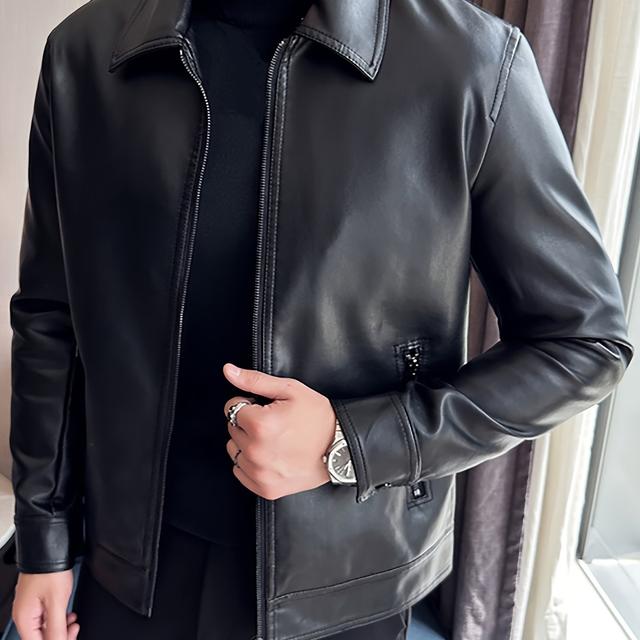 TEMU 남성 캐주얼 블랙 재킷, 지퍼 클로저, 스탠드 칼라 및 포켓 - 캐주얼 의상용 스타일리시한 방풍 아우터, 재킷