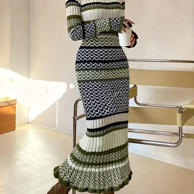TEMU New Arrival Women's Fashionable Elegant High-neck Slim-fit Autumn/winter High- Striped Long Dress