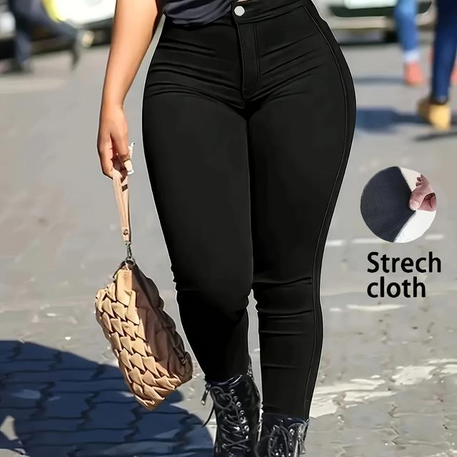 TEMU [1pc Women's Sexy Skinny Jeans] Women's Sexy Skinny Jeans, Viscose Blend Stretch Fabric, Solid Color, With Button Detail, For Fall/winter Woven Pants