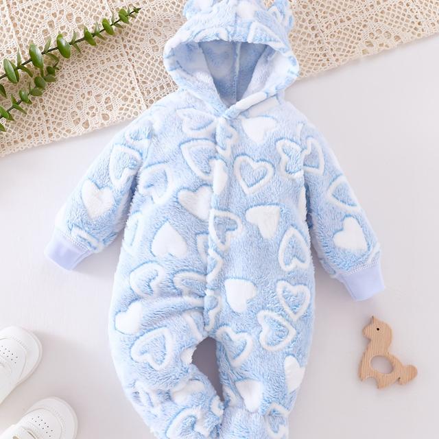 TEMU New Autumn And Winter Baby Onesie For Boys Aged 0-9 Months, Plush Hooded Romper In Blue With Heart Patterns, Warm Flannel Coat For Outdoor Cold And