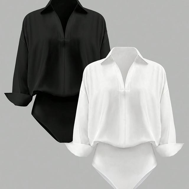TEMU Plus Size, Plus Size Women' Shoulder Long Sleeve Lapel Collar Casual Jumpsuit, 2pcs Set