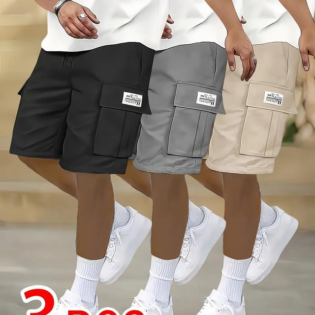 TEMU 3er-Pack Herren-Cargoshorts - Einfarbig, Freizeitdesign mit Kordelzug und Vielen , Locker Sitzend für Lässiges Outfit (Beige, Schwarz, Beige)