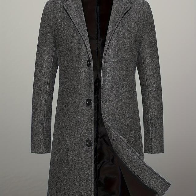 TEMU Men's Mid-length Single-breasted Tweed Coat, Solid Color Men's Windbreaker Jacket