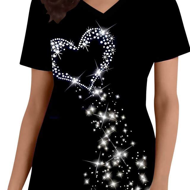 TEMU Blusa médica de cuello en V para mujer con bolsillo, tejido de punto de poliéster, manga corta, ajuste regular, estilo chic, con estampado de , para todas .