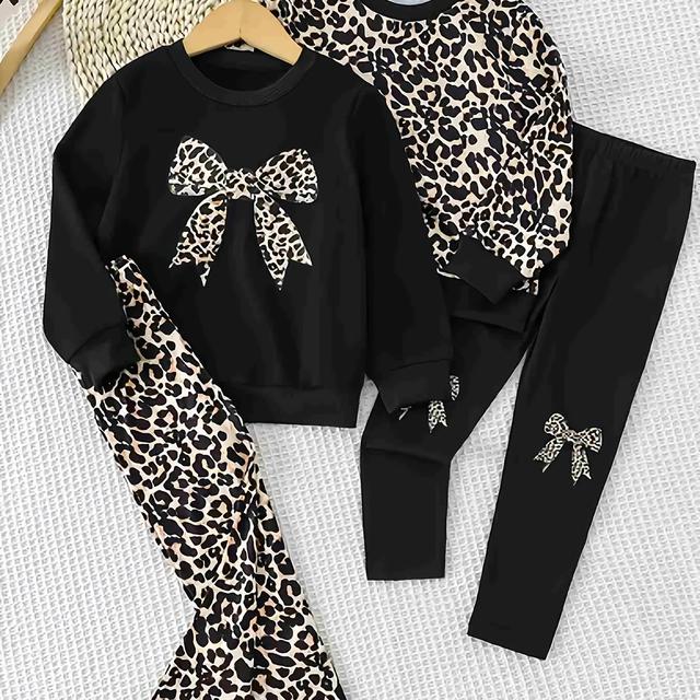 TEMU A Set For Girls Featuring A Solid Color Round Neck Top With Leopard Print And , With Ankle-length Leggings In Random Leopard Print, Perfect For Casual Autumn Wear, For Outdoor