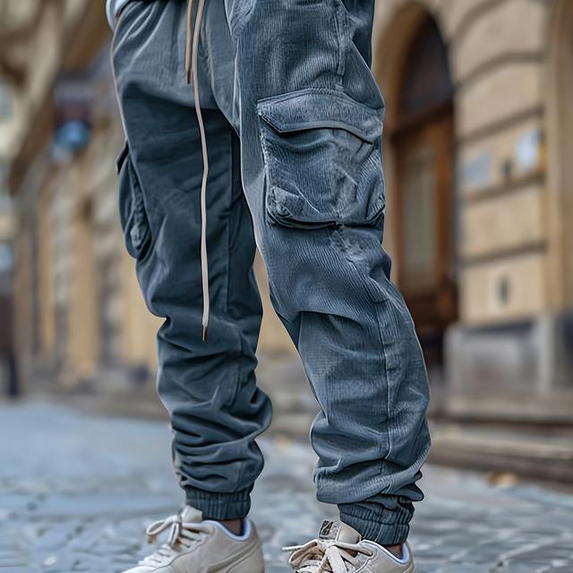 TEMU Men's Corduroy Cargo Pants With A Drawstring Waist, Tapered Legs, Solid Color, Comfortable And Breathable, Suitable For Casual Wear, Holidays, And Made Of Pure In A Stylish Khaki Design.