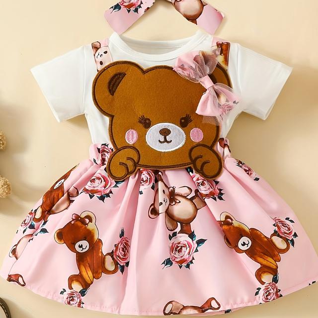 TEMU Cute Cartoon Bear Baby Girl Short Sleeve Dress, Summer Short Sleeve Strap Cute Bow Dress With Matching Headband Set