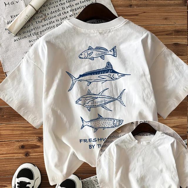 TEMU Short-sleeved Round-neck T-shirt With A Line-drawing Style Featuring And The Text 'freshwater ' Printed On The Back.