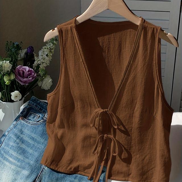 TEMU Women's Summer Casual V-neck Sleeveless Tank Top, Front Tie , Sexy Crop Top, Short Fashion Vest, Minimalist Workwear, Simple And Durable