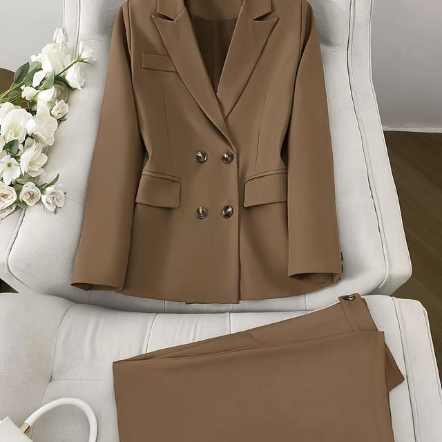 TEMU 스타일리시 투피스 세트, 트렌디한 커뮤터 스타일 더블브레스트 & 팬츠 세트