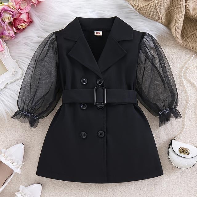 TEMU Girls' Spring And Autumn Woven Fashion Trendy Elegant Simple Casual Vacation Solid Color Suit Collar Mesh Sleeve Belted Dress