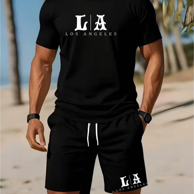 TEMU La Los Angeles Letter Logo" Short Sleeve Shorts Set, Urban Minimalist Style, Daily Commute And Streetwear For City Enthusiasts