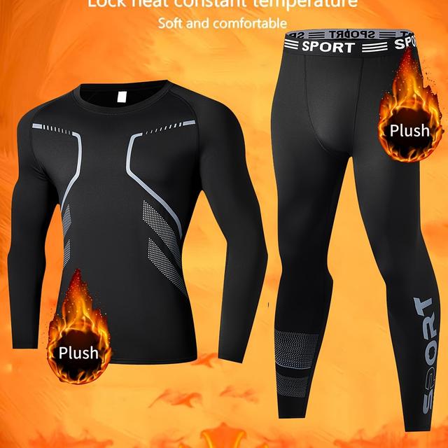 TEMU Pánská termální plyšová souprava pro zimní období, zesílené běžecké tréninkové rychleschnoucí oblečení, fitness kalhoty a sportovní oblečení
