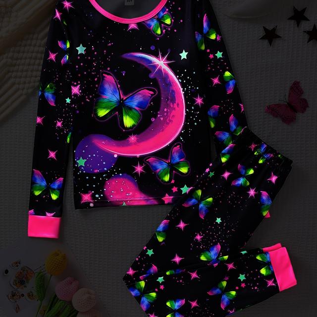TEMU A Set Of Long-sleeve Pajamas For Big Girls Featuring A Starry Night And Print, With Elastic Cuffs And Pants ()