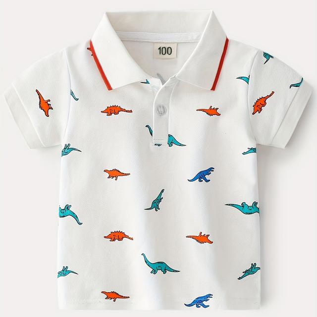TEMU Wholesale Boys' Shirt Short Sleeve T-shirt Baby White Dinosaur Print 's Turn- Collar Summer Trend