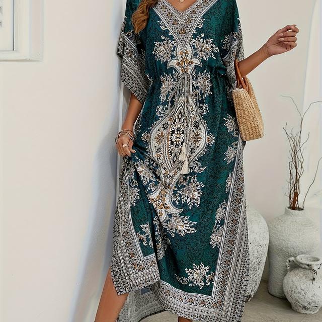 TEMU Women's Middle Eastern Robe With A V-neck, Bohemian Ethnic Print, Batwing Sleeves, And Tassel Tie At The Waist
