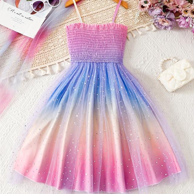 TEMU Girls' Mesh Gradient Tie-dye Dress With Random Color Dyeing, Non-positional Dye Suitable For Beach Vacation