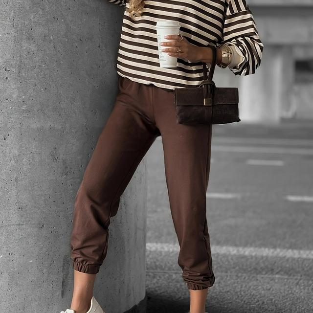 TEMU Casual Two-piece Set Featuring A Round-neck Top And Pants With A Vanilla And Chocolate Striped Design