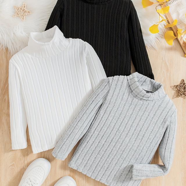 TEMU Boys' High Neck Knit Pullover 3-pack, Polyester Casual Long Sleeve, Solid Color, Medium Stretch, Loose 12 And Under - Spring/fall Collection