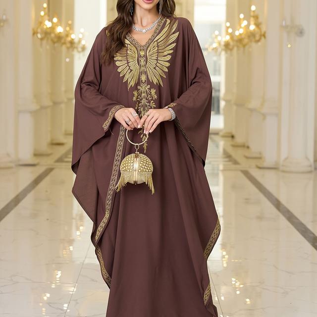 TEMU Edolynsa Gold-embroidered Batwing Sleeve Robe For Women, Featuring An Elegant V-neck And Long Sleeves, Style Q1772