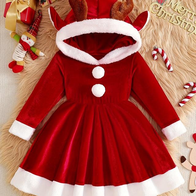 TEMU Robe en velours pour filles | robe de princesse de Noël 2025 avec de jolis bois de , robe rouge à capuche pour fête de Noël, cadeau