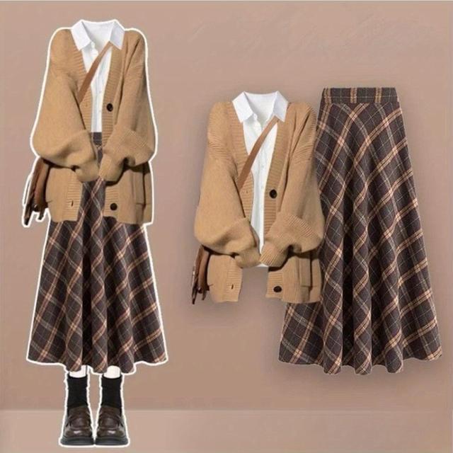 TEMU 2024年秋冬新韓風スタイル、ブラウスとチェック柄スカートセットでカードガンを着る女性用