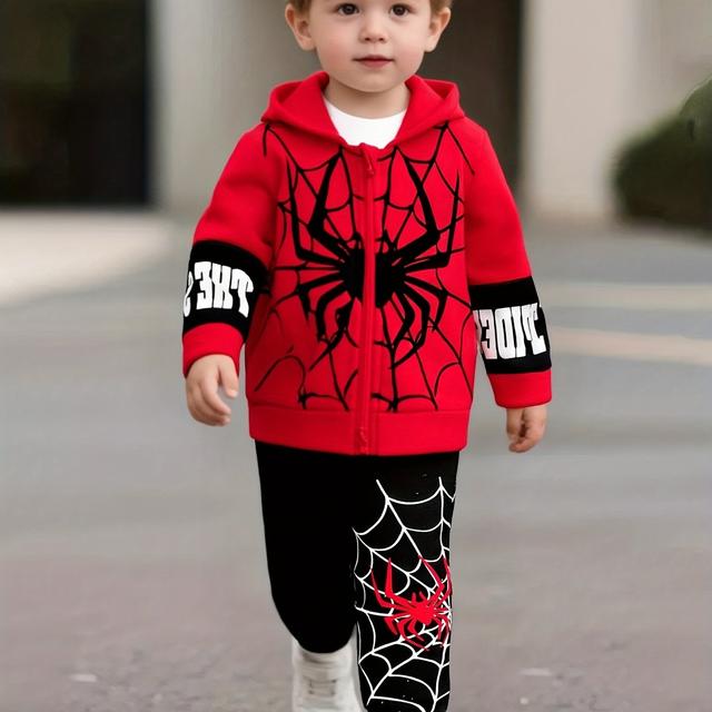 TEMU 2-piece Boys' Spider Print Zip-up Hoodie Sweatshirt + Spider Print Pants Set, Warm And Comfortable For Autumn