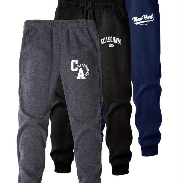 TEMU 3-pack Boys' New Brooklyn Letter Print Jogger Pants, With Pockets, Machine Washable, Sports Pants In Bulk, Casual Wear, , Durable Fabric, For Outdoor, Jogging Pants, Jog